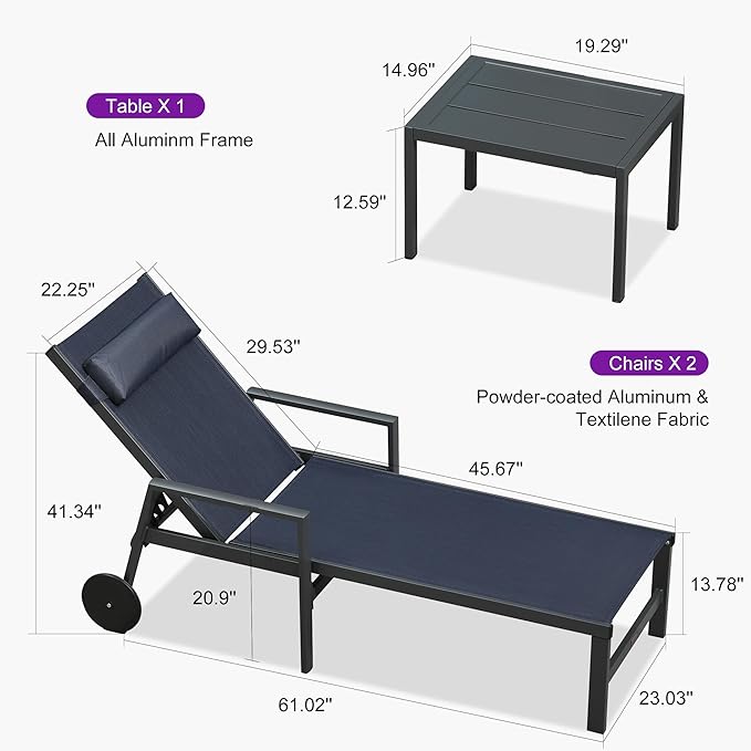 PURPLE LEAF Patio Lounge Chair Set Outdoor Chaise Lounger Aluminum Frame with Armrest 2 Side Table and Wheels for Pool Outside Sunbathing Tanning Recliner Including Pillows Navy Blue