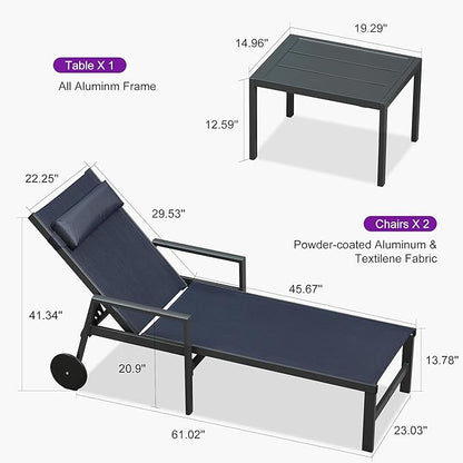 PURPLE LEAF Patio Lounge Chair Set Outdoor Chaise Lounger Aluminum Frame with Armrest 2 Side Table and Wheels for Pool Outside Sunbathing Tanning Recliner Including Pillows Navy Blue
