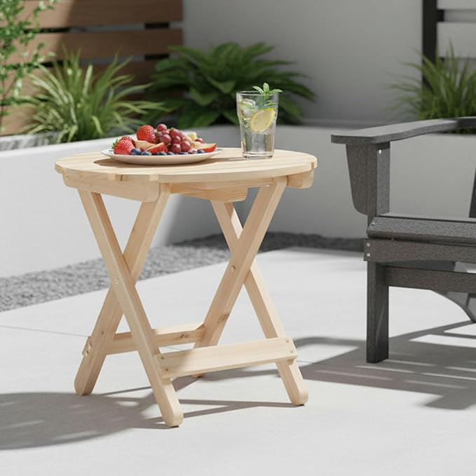 Shine Company Round Wooden Folding Solid Wood Side Table, Outdoor Adirondack Small Patio Table, Natural