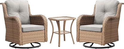 Rilyson Patio Chairs Rocking Swivel Chiar - 3 Piece Outdoor Wicker Patio Bistro Set Rattan Rocker Glider Chairs with High Back and Deep Seating for Outside Porch Deck Garden(Yellow/Beige)