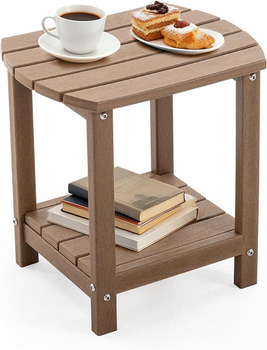Adirondack Small Outdoor Side Table - Weatherproof HDPE Patio End Table with 2-Tier Storage for Firepit, Balcony, Garden, Poolside or Bathroom (Brown, Set of 1)