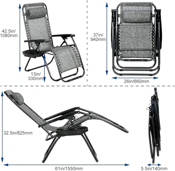Dkeli Zero Gravity Chair Patio Chair Lounge Chair Chaise 2 Pack Outdoor Folding Adjustable Recliner Chair with Cup Holder Tray and Pillows for Patio, Pool, Beach, Lawn, Deck, Yard - Grey