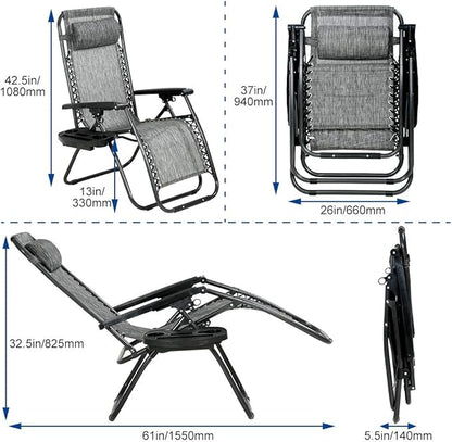 Dkeli Zero Gravity Chair Patio Chair Lounge Chair Chaise 2 Pack Outdoor Folding Adjustable Recliner Chair with Cup Holder Tray and Pillows for Patio, Pool, Beach, Lawn, Deck, Yard - Grey