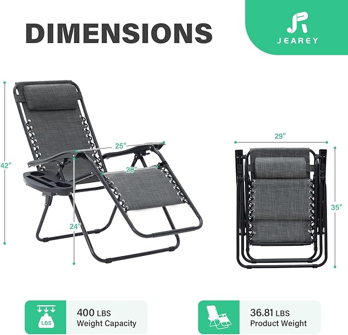 JEAREY Oversized Zero Gravity Lounge Chairs Set of 2, Adjustable Steel Mesh Recliners with Pillows and Cup Holder Trays for Patio, Garden, Beach, Dark Grey