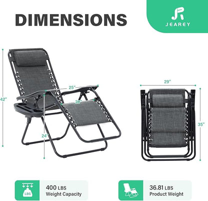 JEAREY Oversized Zero Gravity Lounge Chairs Set of 2, Adjustable Steel Mesh Recliners with Pillows and Cup Holder Trays for Patio, Garden, Beach, Dark Grey