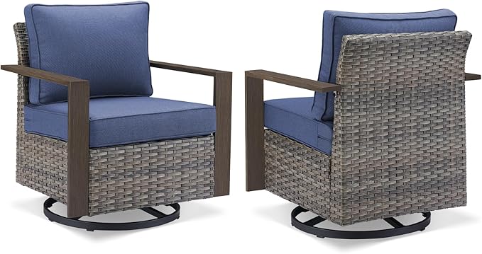 Outdoor Patio Swivel Rocker Chairs - 3 Piece Wicker Patio Furniture Bistro Set with 2 Swivel Rocking Chairs and 1 Metal Side Table,Thick Cushions,Deep Seating for Deck Porch Garden(Mixed Grey/Blue)