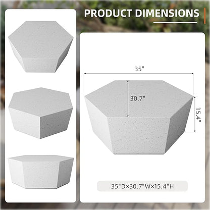 UPHA 35" Hexagon Outdoor Coffee Table, Modern Hollow Concrete Patio Table, Small Minimalist Low Accent Table for Living Room, Balcony, Deck, Backyard, Off-White