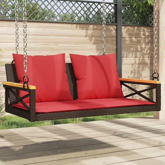 Brown PE Rattan Patio Swing Bench 42.9"x24.4"x15.7" with Red Cushions for Outdoor Relaxation - Photo 1