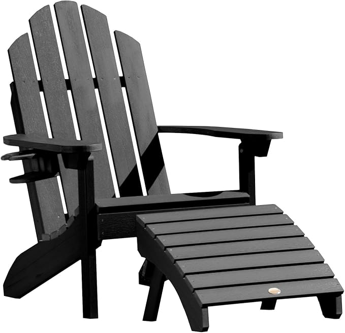 highwood Classic Wesport Adirondack Chair with Ottoman and Cup Holder, Black