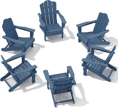 KINGYES Folding Adirondack Chair Set of 6, HDPE All-Weather Adirondack Chair, Navy