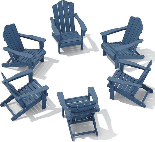 KINGYES Folding Adirondack Chair Set of 6, HDPE All-Weather Adirondack Chair, Navy
