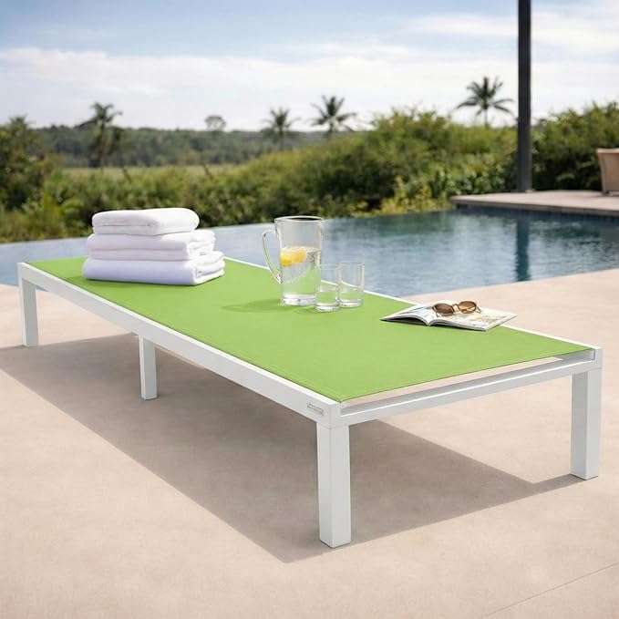 LeisureMod Marlin Aluminum Outdoor Chaise Lounge Chair - Mesh Sling Fabric Seat White Aluminum Frame Beach, Pool Lounge Chair for Modern Patio Lawn, Garden and Backyard (Green)