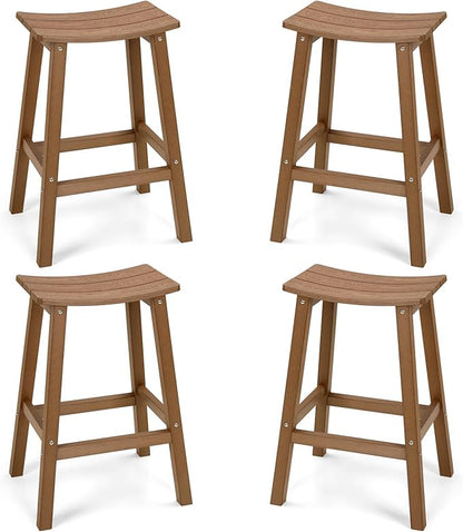 Weatherproof Bar Stools Set of 4, 28" Height Outdoor Bar Stools Holds up to 400 lbs, Saddle Seat, Bar Height Stools for Patio, Garden, and Kitchen Island, Teak