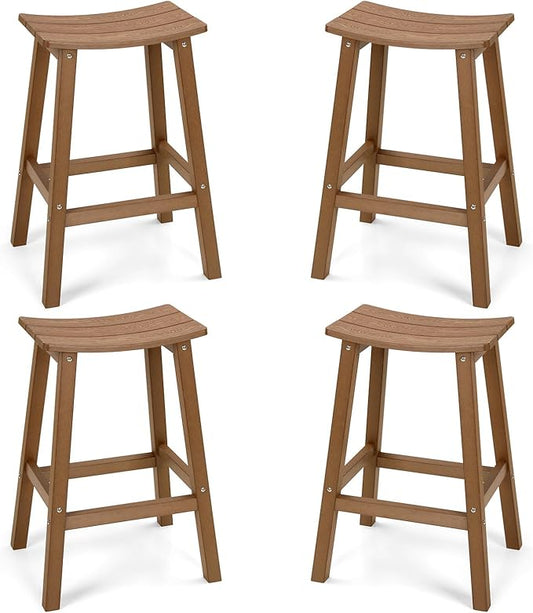 Weatherproof Bar Stools Set of 4, 28" Height Outdoor Bar Stools Holds up to 400 lbs, Saddle Seat, Bar Height Stools for Patio, Garden, and Kitchen Island, Teak