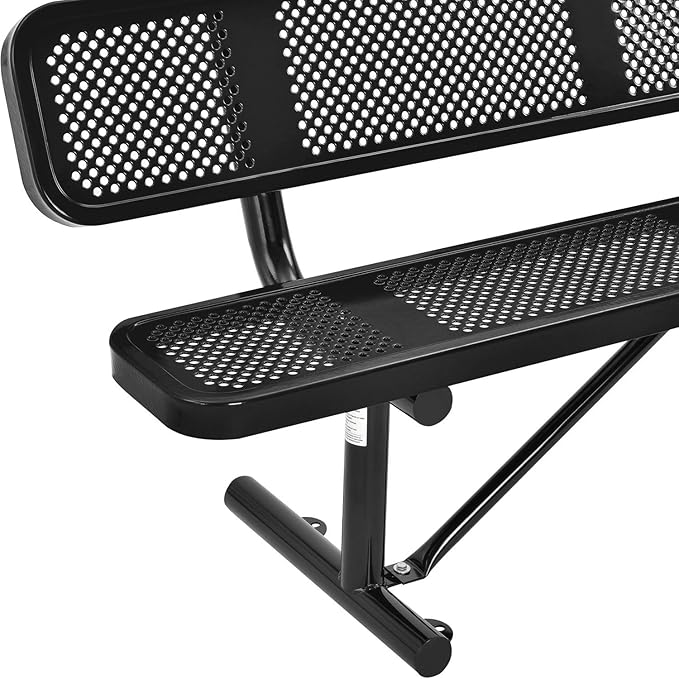 Global Industrial 6'L Heavy Duty Outdoor Steel Picnic Bench with Backrest, Perforated Metal, Portable Outdoor Bench, 1000 lbs Capacity, Black, 72" L x 24" W x 33" H