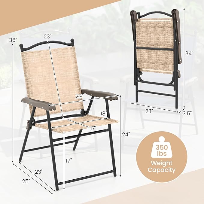 Giantex Set of 2 Patio Folding Chairs, Outdoor Patio Dining Chairs w/Armrest, Sling Back, Metal Frame - Photo 3
