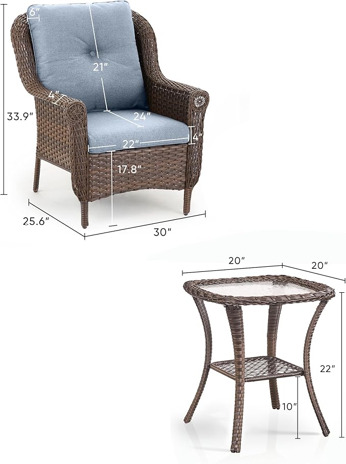 3 Piece Patio Brown Wicker Chairs with Side Table - Outdoor High Back Heavy Duty All-Weather Lawn Dining Rattan Chair - Photo 3