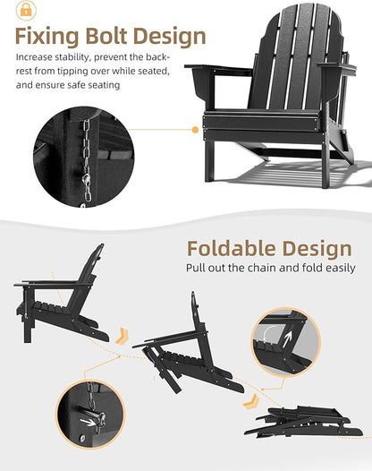 Folding Adirondack Chair - Durable HDPE Poly Lumber All-Weather Resistant, Foldable Oversized Balcony Porch Patio Outdoor Chair for Lawn, Backyard, Deck, Garden, Camping - Easy Installation, Black