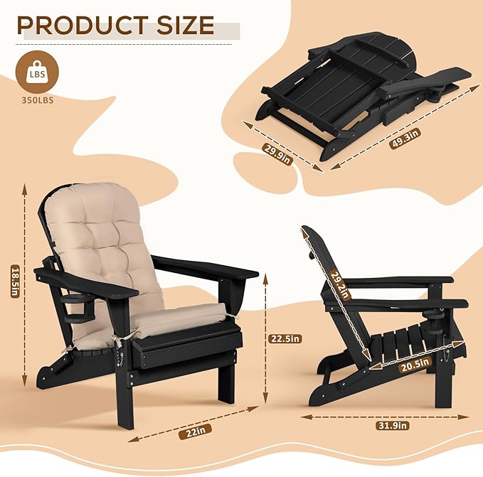Adirondack Chair Set of 2 with Cushion & Cup Holder, HDPE Folding Adirondack Chairs with Wood-Like Grain Outdoor Fire Pit Chairs for Patio/Porch/Swimming Pool/Camping (Black)