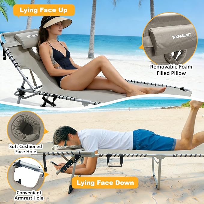 Backpack Sun Tanning Chair with Face Hole & Beach Table, 5-Position Adjustable Folding Lounge Chair Outdoor for Lawn Patio Garden