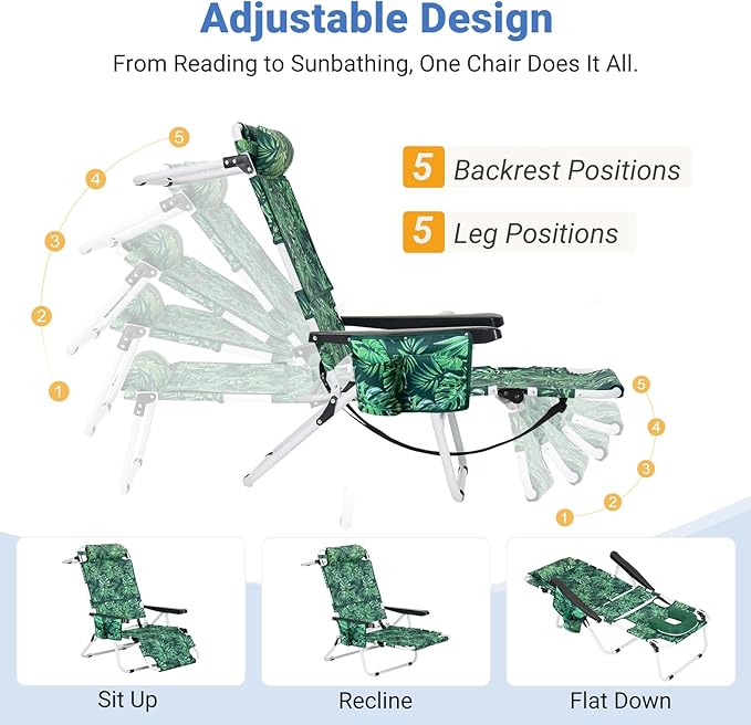 DoCred Heavy Duty Tanning Chair with Face Hole, Adjustable 5-Position Folding Chaise Lounge Chairs for Outside, Portable Lay Flat Beach Lounge Chair for Outdoor Sunbathing Beach Pool Lawn Camping