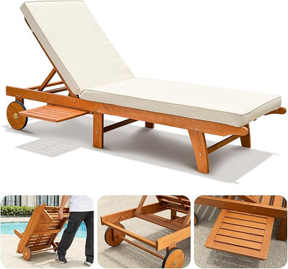 IDZO Upgraded Cushion Outdoor, 500lbs Capacity Patio Pool Loungers, Stackable and Foldable Design, Reclining Backrest, Federica Wood Chaise Lounge, Brown