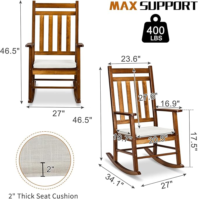 Outvita Outdoor Rocking Chair, Solid Wood High Back Rocker, All Weather Lounge Chair with Padded Cushions for Porch Patio Fire Pit Garden Backyard Deck Indoor, Natural