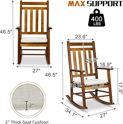 Outvita Outdoor Rocking Chair, Solid Wood High Back Rocker, All Weather Lounge Chair with Padded Cushions for Porch Patio Fire Pit Garden Backyard Deck Indoor, Natural