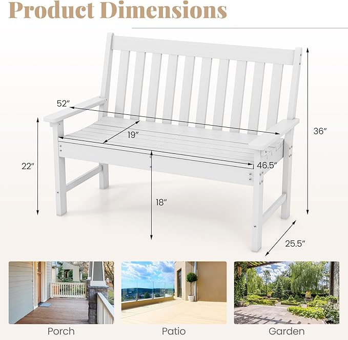 RELAX4LIFE 2-Person Patio Outdoor Bench - 52’’ All-Weather HDPE Garden Bench with Armrests & Slatted Backrest, Patio Bench for Front Porch Park Poolside Backyard, 705 LBS Weight Capacity (White)
