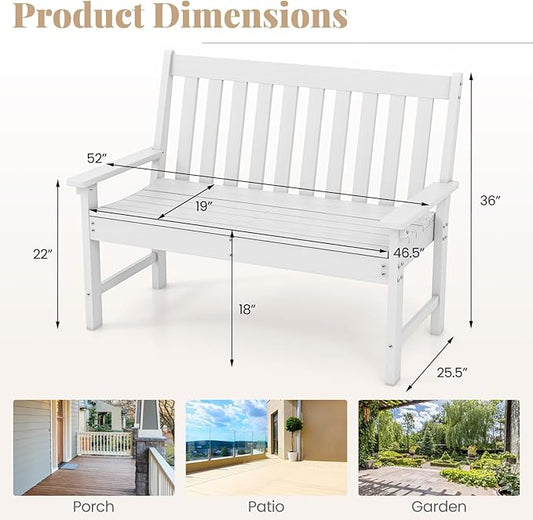 RELAX4LIFE 2-Person Patio Outdoor Bench - 52’’ All-Weather HDPE Garden Bench with Armrests & Slatted Backrest, Patio Bench for Front Porch Park Poolside Backyard, 705 LBS Weight Capacity (White)