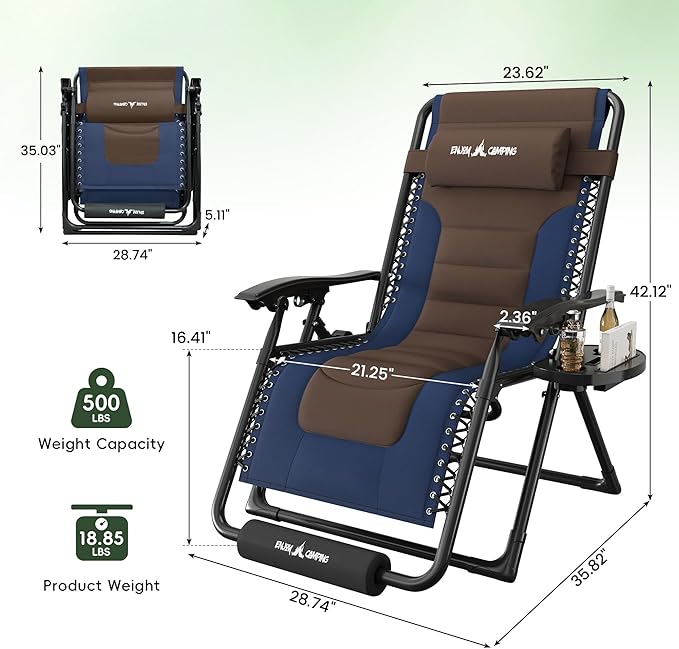 Amopatio Foldable Zero Gravity Chair, Oversized Outdoor Reclining Chair, 500LB Weight Capacity XLPatio Recliner with 0-170° Adjustable Backrest, Heavy Duty Lounge Chair with Cup Holder