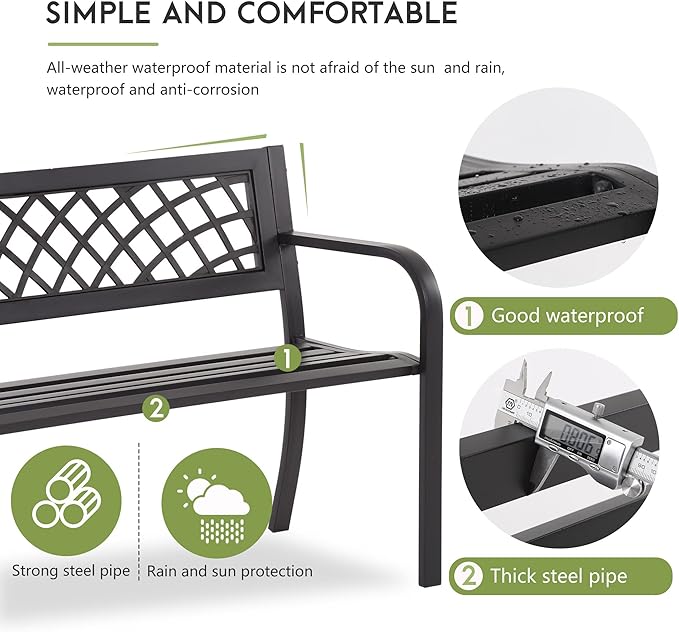 Garden Bench,Metal Outdoor Bench Park Bench with Plastic Mesh Backrest Armrests Sturdy Steel Frame for Patio Yard Porch Entryway Black