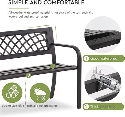 Garden Bench,Metal Outdoor Bench Park Bench with Plastic Mesh Backrest Armrests Sturdy Steel Frame for Patio Yard Porch Entryway Black