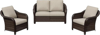 3 Pieces Outdoor Patio Conversation Set, 55" Couch, 2 Chairs, Rattan Wicker Conversation Furniture with Removable Cushions for Bistro, Deck (Beige)