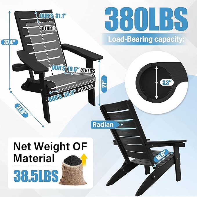 YEFU Adirondack Chair, Folding Adirondack Chairs Set of 2 with Arc Back & Cup Holder, Weather Resistant Plastic Oversized Chair for Outdoor Patio Lawn Garden Backyard Deck Fire Pit, Black