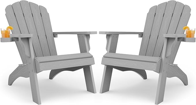 Oversized Plastic Adirondack Chair Set of 2 with Cup-Holder (Large Dual-Purpose), Weather Resistant, Poly Lumber Outdoor Chairs Duty Rating Widely Used in Patio, Lawn, Outside, Deck, Garden Chair-Grey