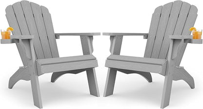 Oversized Plastic Adirondack Chair Set of 2 with Cup-Holder (Large Dual-Purpose), Weather Resistant, Poly Lumber Outdoor Chairs Duty Rating Widely Used in Patio, Lawn, Outside, Deck, Garden Chair-Grey