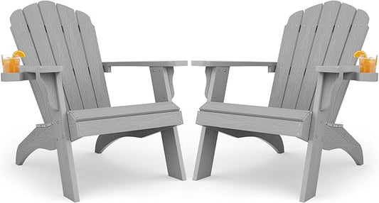 Oversized Plastic Adirondack Chair Set of 2 with Cup-Holder (Large Dual-Purpose), Weather Resistant, Poly Lumber Outdoor Chairs Duty Rating Widely Used in Patio, Lawn, Outside, Deck, Garden Chair-Grey