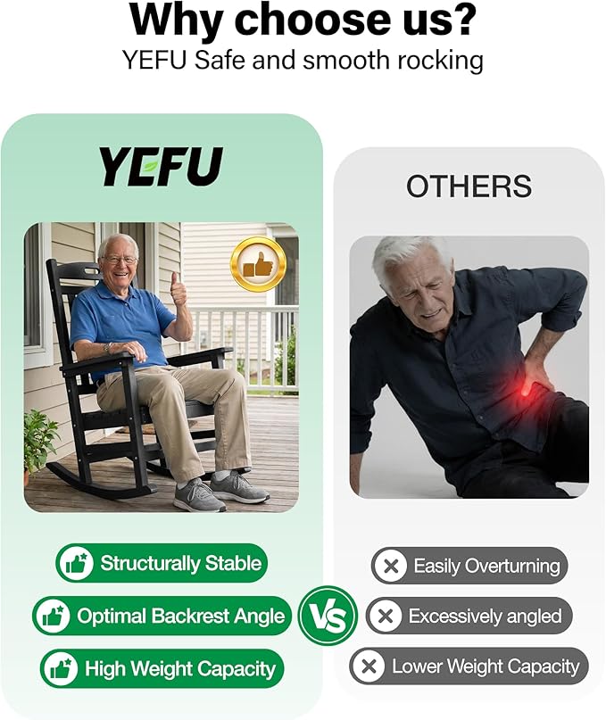 YEFU Outdoor Rocking Chairs Set of 4: Patio Rocking Chair for Adult, Outdoor Rocker Weather Resistant, Easy to Assemble, Safe&Comfortable, Black