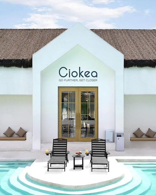 Ciokea Lounge Chair Outdoor, Oversized Chaise Lounge Chair with 5 Positions, HDPE, Patio Lounge Chair with Wheels & Cup Holder for Pool, Deck, Poolside, Black