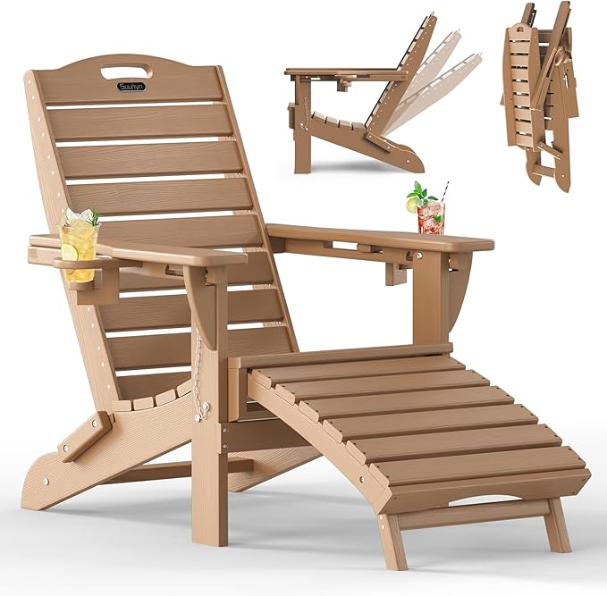 Folding Adirondack Chair with Retractable Ottoman Weather Resistant Fire Pit Chair Patio Chair with 2 Cup Holder Lawn Outdoor Lounge Chair (Teak)