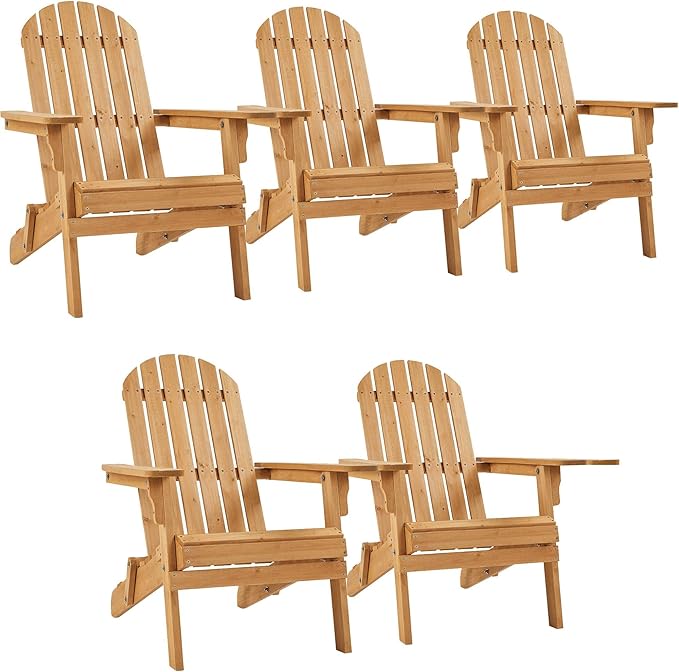 Yaheetech Folding Adirondack Chair Set of 5 Outdoor, 300LBS Solid Wood Garden Chair Weather Resistant, Fire Pit Lounge Chairs for Garden/Yard/Patio/Lawn, Natural Wood