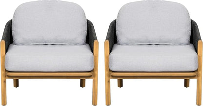Christopher Knight Home Grotta Acacia Wood Patio Accent Chair Set of 2, Wooden Lounge Chair Outdoor, Outdoor Barrel Chair with Rope Weave+Removable Cushion, Curved Backrest Lounge Sofa, Gray+Teak