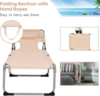 GYMAX Tanning Chair, Folding Beach Lounger with Face Arm Hole, Adjustable Backrest, Side Pocket & Carry Handle, Outside Sunbathing Lounge Chair for Patio, Poolside, Lawn (2, Sand)