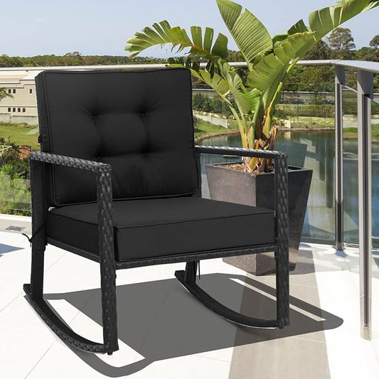 HAPPYGRILL Wicker Rocking Chair, Outdoor Patio Glider Chair with Heavy-Duty Frame, Thick Cushion, Rattan Rocking Chair for Backyard Garden Porch