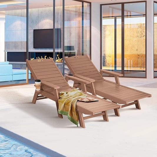nalone Chaise Lounge Set of 2 Outdoor with 5-Position Adjustable Backrest, HDPE Lounge Chair for Outside Supports Up to 400 LBS, Pool Lounge Chairs for Patio Poolside Deck Beach Backyard (Teak)