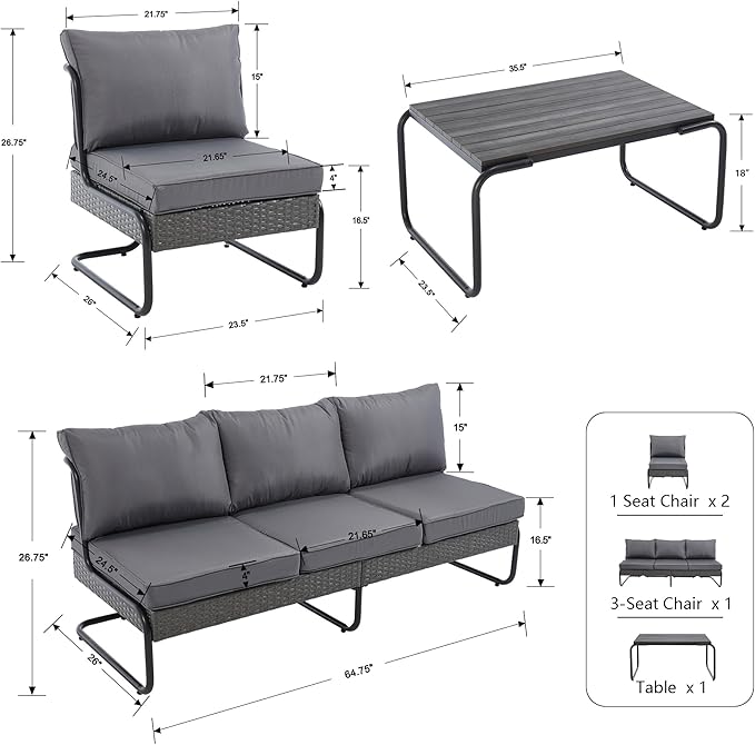 4 Piece Patio Furniture Set, Modern Patio Conversation Set for 5, All Weather Bistro Furniture Set, Metal Patio Sofas Outdoor Sectional with Coffee Table and Cushions for Lawn/Garden, Gray