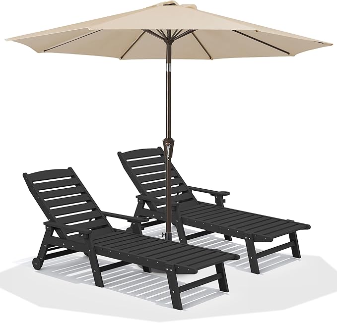 SERWALL Patio Chaise Lounge Chair Set of 2 with 9FT Patio Umbrella, 78'' HDPE Outdoor Lounger - Photo 1