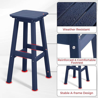Costaelm 29" Height Outdoor Bar Stools, All-Weather Bar Stools, Adirondack Poly Patio Square Bar Stool for Patio, Deck, Kitchen Counter and Garden, Navy Blue