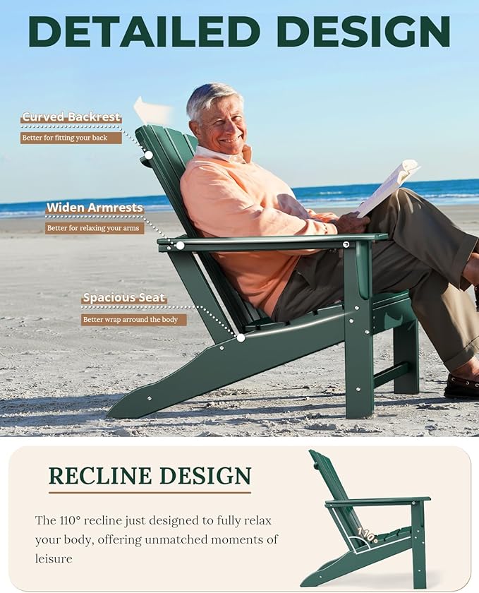 BRIOPAWS Adirondack-Chair | Fire Pit Chair | Oversized | HDPE Plastic | Weather Resistant | for Deck Outdoor Poolside Campfire | Forest